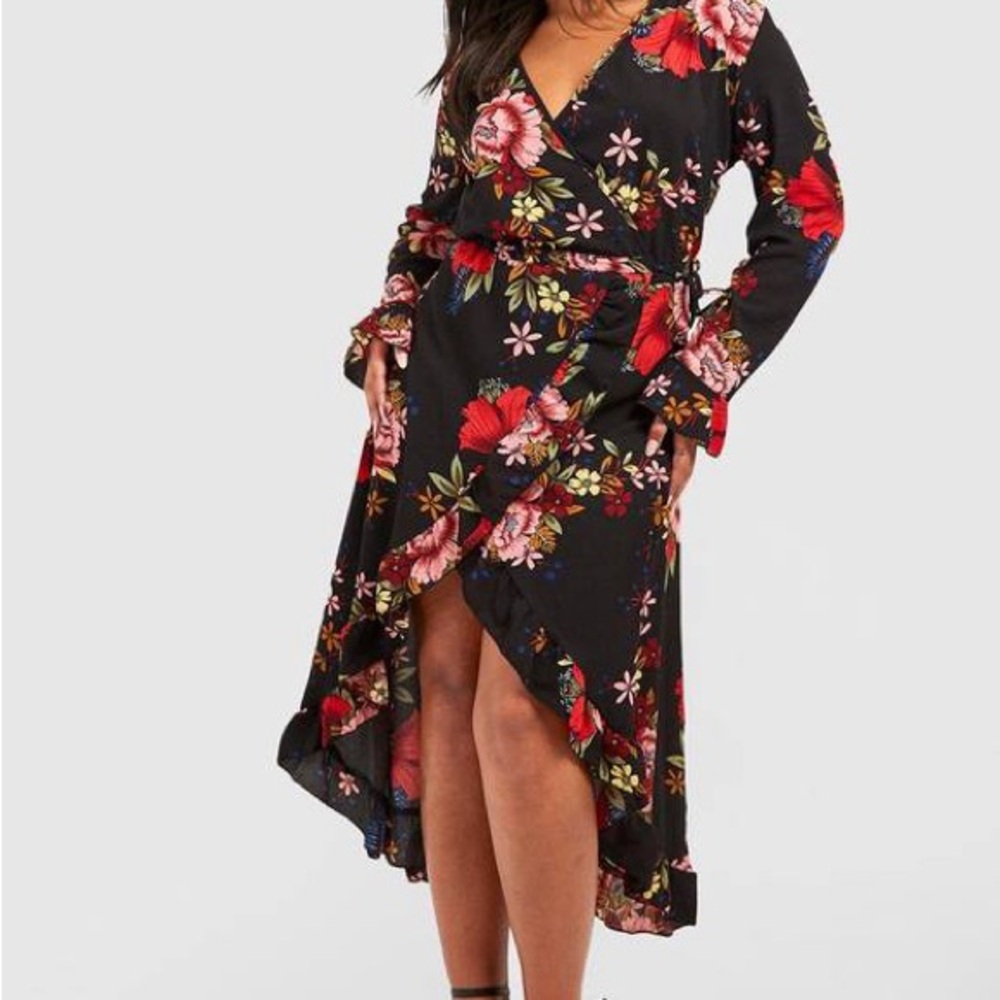 Boohoo Floral Lola Wrap Dress - Black and Red